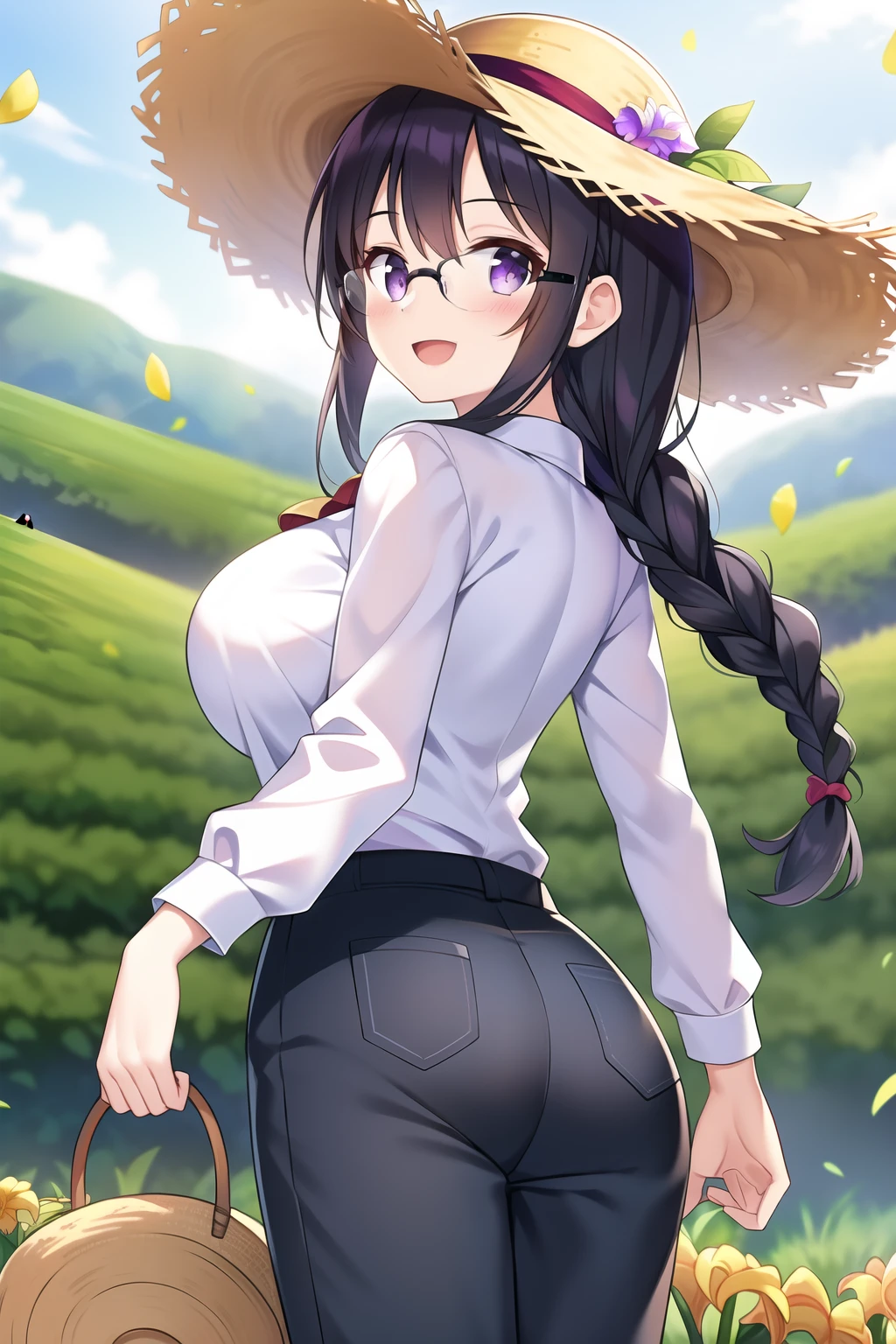 (tea plantation:1.1), (harvest), (1girl), (solo), (black hair:1.1), (braid:1.1), (glasses), (purple eyes), (:d), (breast), (Intricate Iris Details), (straw hat), (Work clothes), (Long sleeves), (long pants), (cowboy shot), (from behind)