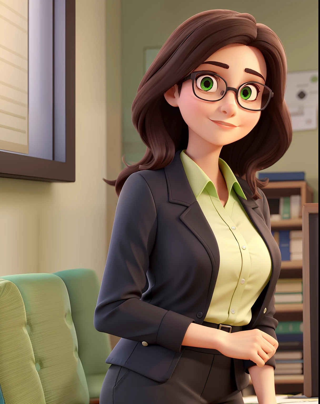 A young businesswoman, serious, chic and wise, with short brown hair, green eyes, black dress pants, green blouse, black high heels, presenting the app, explaining the year's profits, meeting, business.