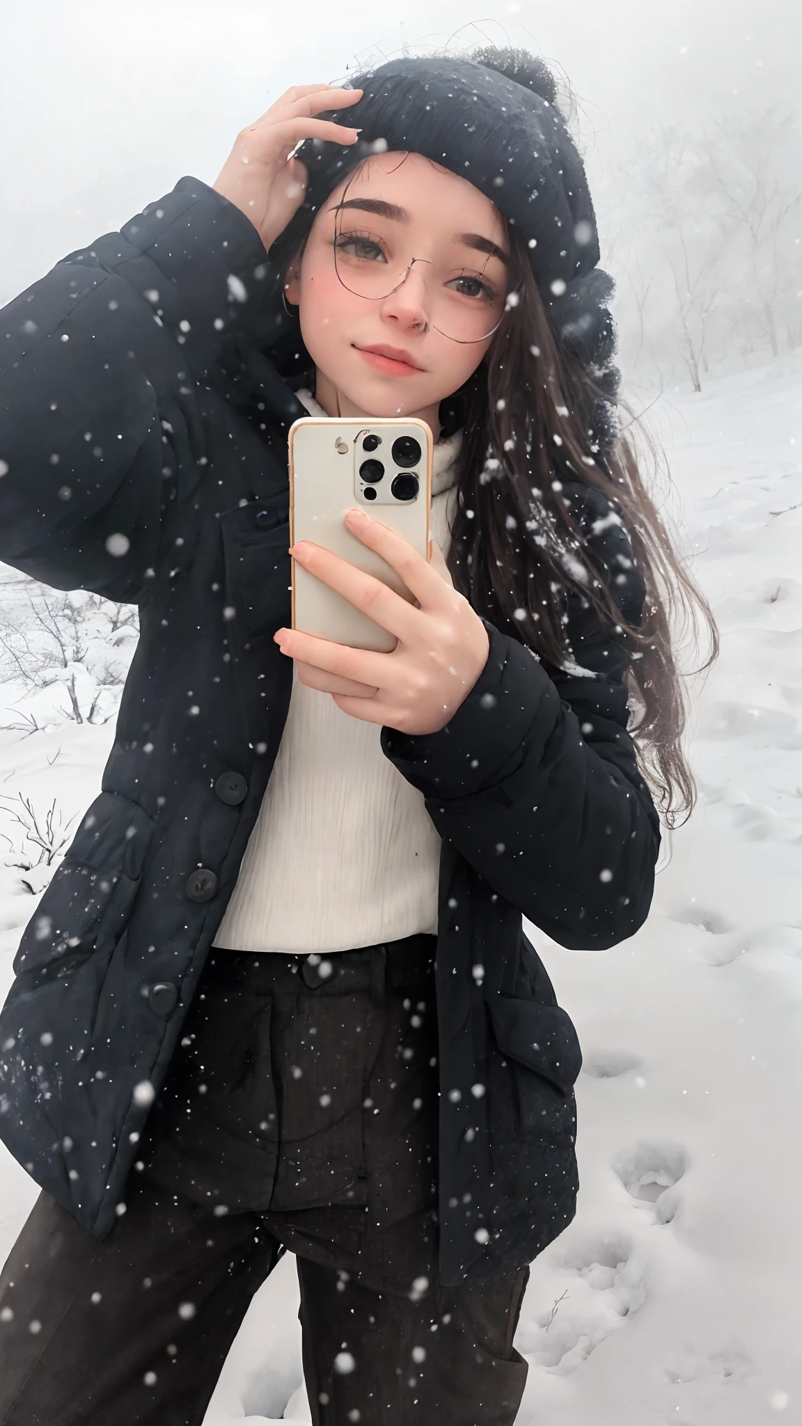 There's a woman taking a selfie in the snow, only snow i the background, selfie de uma jovem mulher, nevando do lado de fora, corpo inteiro:: snow outside::, na neve, neve no corpo, apenas neve no fundo, she is holding a smartphone, standing in the snow, heavy winter aesthetics, na neve, frio como gelo! 🧊