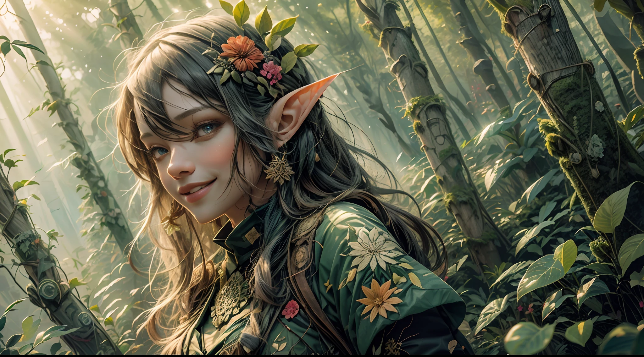 1sexy girl with forest clothes, Smile,Flowers, Leaves, mandalas, fractalized, Forest elves,holy rays,full female body,Ray traching,dynamic blur,smoke effect,Morning glow,4K,k hd,extreme hight detail