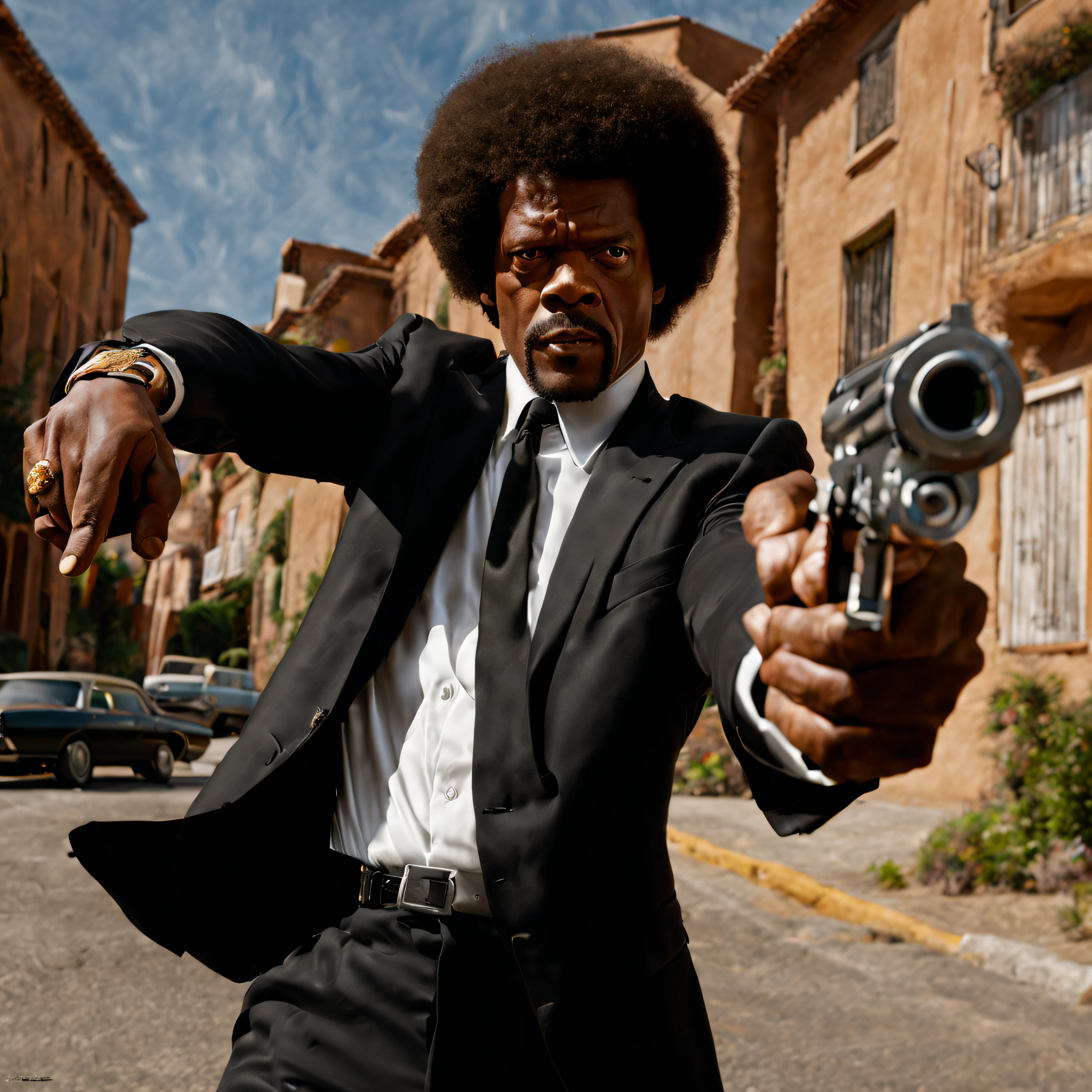 gunatyou, PESamuel.L.Jackson, as Jules Winfield from pulp fiction, black suit, jerrycurl afro, masterpiece, high resolution, octance 4k, high detail, pistol