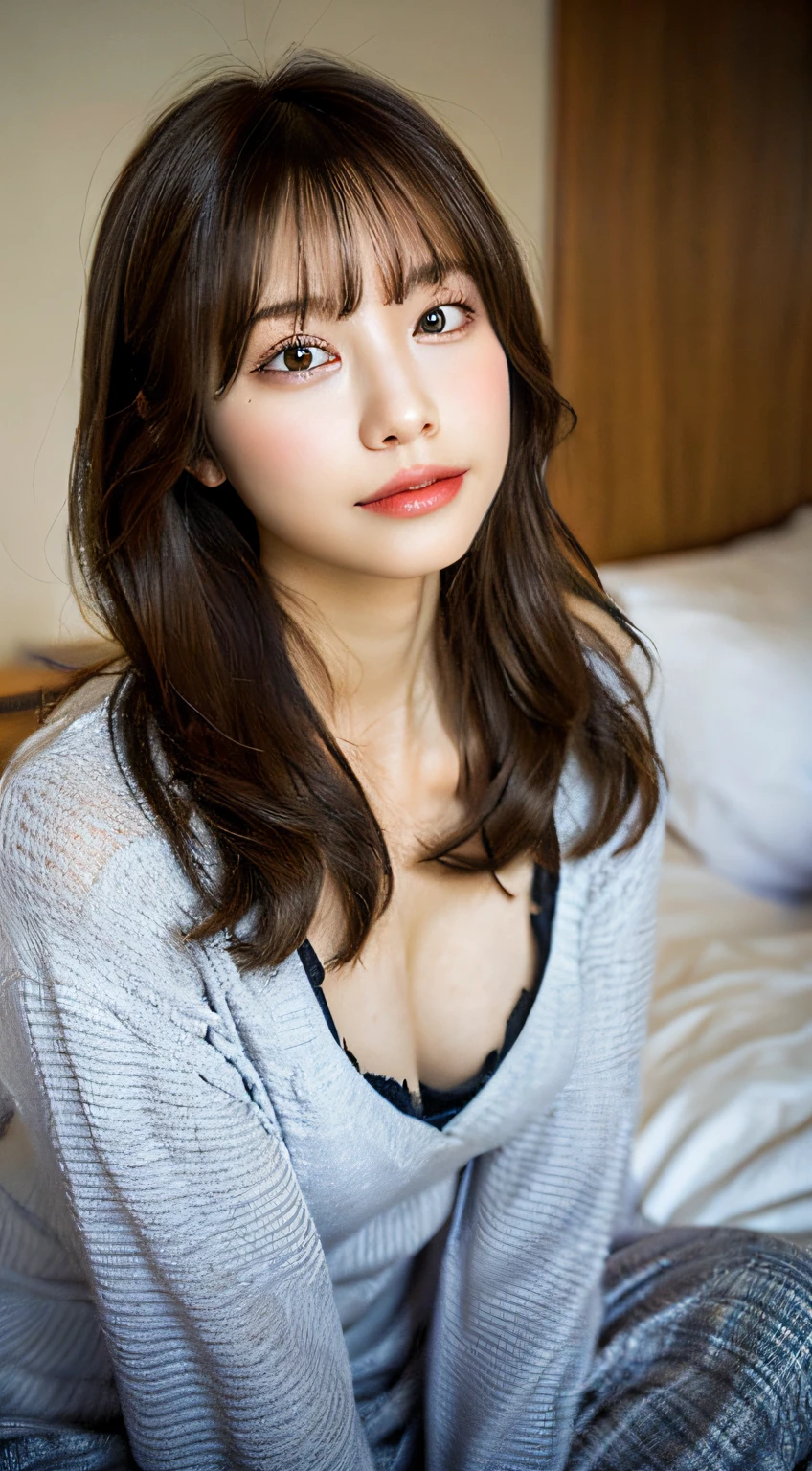 (8k, RAW photos,Best quality, High Resolution:1.1), (Hyperrealistic:1.4),(Realistic, Photorealistic:1.3), Soft light,Beautiful woman with perfect body:1.4、(Beauty with slender abs:1.4)、((Layered haircut, Big:1.2)), underage girl, Loli, Big,Big eyes, highlights in pupils, Clear double eyelids, eyelashes, realistic face, realistic body, realistic skin, absurdity, masterpiece, (full body, misaligned bra, lying on bed on your back, from above, arms outstretched, smile, bed, disheveled underwear, rough breath, sexual expression invite),shiny skin, beautiful delicate face, sexy expression, coquettish smile, happy smile, gloss, cleavage, dark hair, Highly detailed face and skin texture, exposed shoulders, cute face