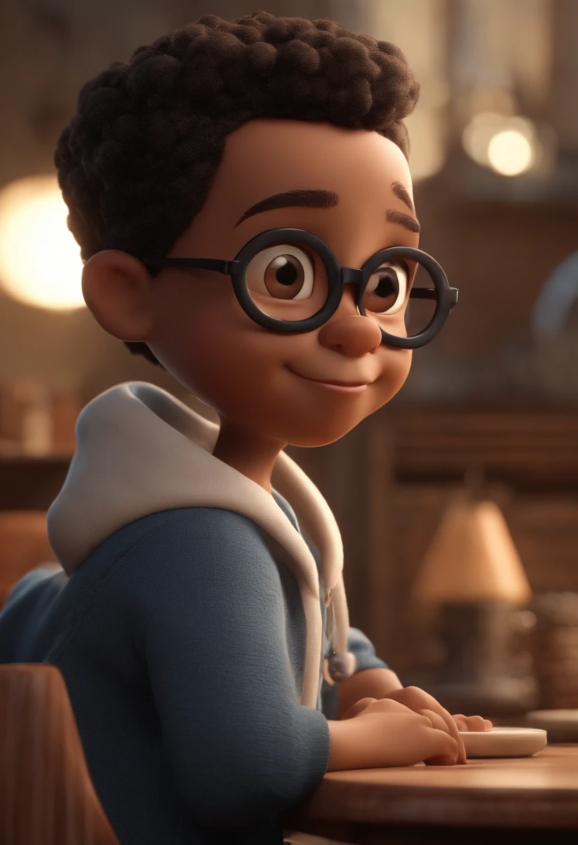 personagem dos desenhos animados de um homem negro, jovem, com 9 anos, Wearing black glasses and a blue sweatshirt, cabelo crespo, cortado em estilo americano, animation character, Caractere estilizado, animation style rendering, 3D estilizado, Arnold Maya render, 3 d render stylized, toon render keyshot, Personagem 3D, Personagem 3D, 3d rendering stylized, 3 d character render, personagem de desenho animado, Personagem de close up, Pose de personagem,  (Estilo Pixar) (master part:1.2) (Bokeh) (best quality) (pele detalhada) (textura detalhada) (8k) (argila) (Cinematic lighting) (foco nítido