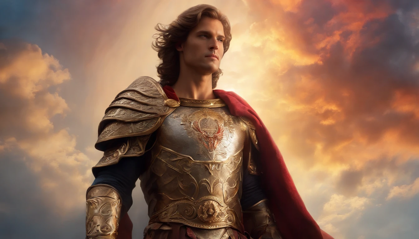 (((full-length photo))) of Archangel Michael Man, photorealistic angel of God of an angel with sword in hand (in the middle of the sky with colorful clouds: 1.50), in the style of Charlie Bowater, exaggerated facial features, mysterious symbolism, magic, esoteric, mystical, runes, hyoglyphs, loish, achirax uno, undefined anatomy