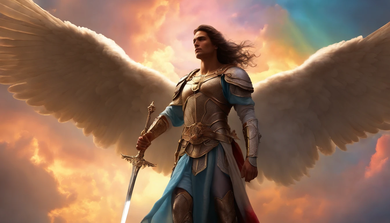 (((full-length photo))) of Archangel Michael Man, photorealistic angel of God of an angel with sword in hand (in the middle of the sky with colorful clouds: 1.50), in the style of Charlie Bowater, exaggerated facial features, mysterious symbolism, magic, esoteric, mystical, runes, hyoglyphs, loish, achirax uno, undefined anatomy