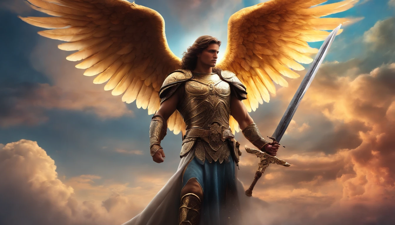 (((full-length photo))) of Archangel Michael Man, photorealistic angel of God of an angel with sword in hand (in the middle of the sky with colorful clouds: 1.50), in the style of Charlie Bowater, exaggerated facial features, mysterious symbolism, magic, esoteric, mystical, runes, hyoglyphs, loish, achirax uno, undefined anatomy