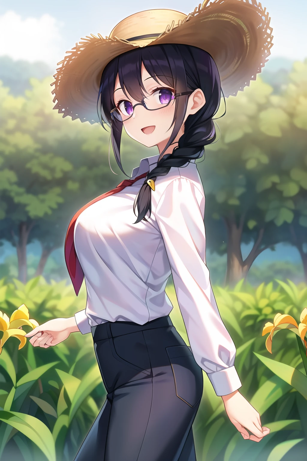 (tea plantation:1.1), (harvest), (1girl), (solo), (black hair:1.1), (braid:1.1), (glasses), (purple eyes), (:d), (), (Intricate Iris Details), (straw hat), (Work clothes), (Long sleeves), (long pants), (cowboy shot), (from side)