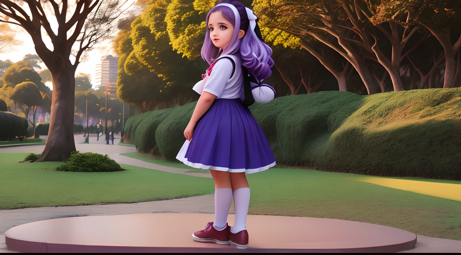 Uma educada passeando pelo parque com cabelo roxo e uma roupa softh muito linda .