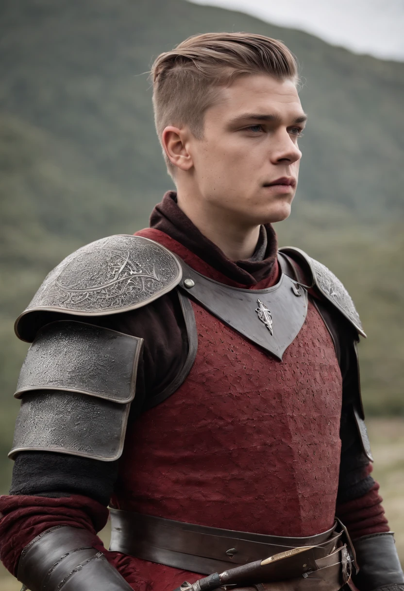 Alex Høgh Andersen, with natural Withe hair, wearing a Targaryen black and red armor, with a Valyrian sword in his hand, ultra realistic, high definition