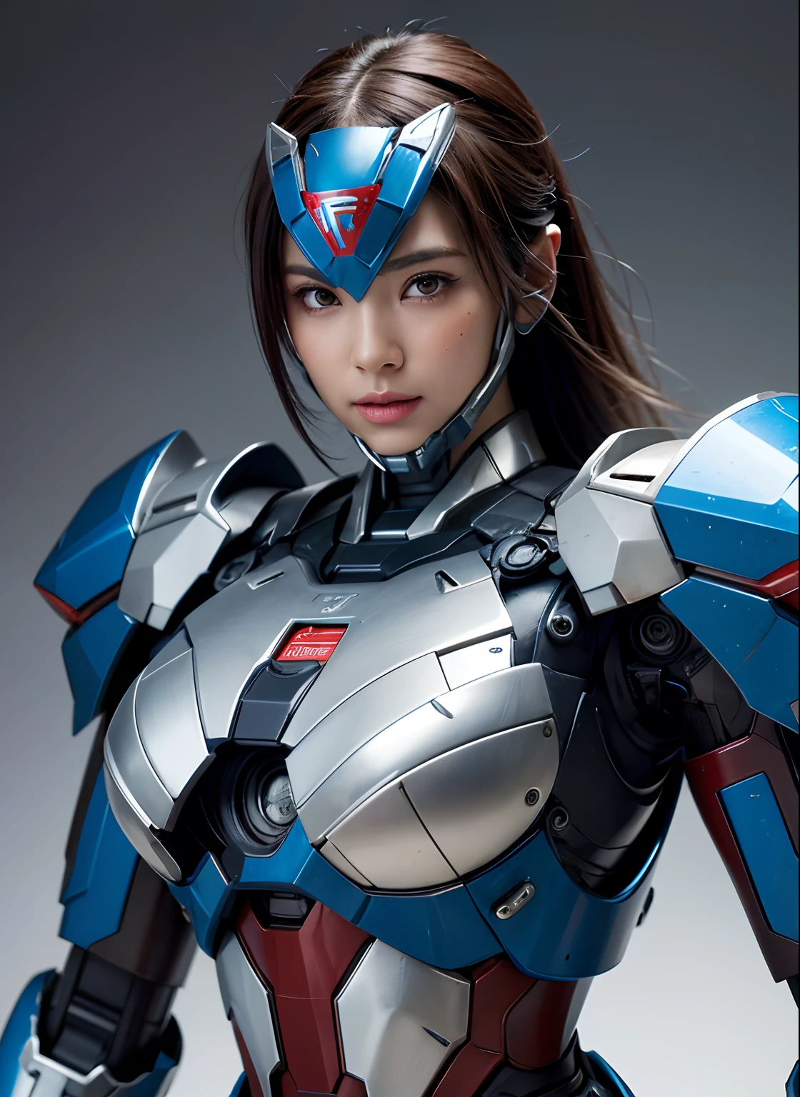 Textured skin, Super Detail, high details, High quality, Best Quality, hight resolution, 1080p, hard disk, Beautiful,(Iron Patriot),(Superheroine),beautiful cyborg woman,Mecha Cyborg Girl,Battle Mode,Girl with a Mecha Body,She wears a futuristic Iron Patriot mech,Fulll body Shot