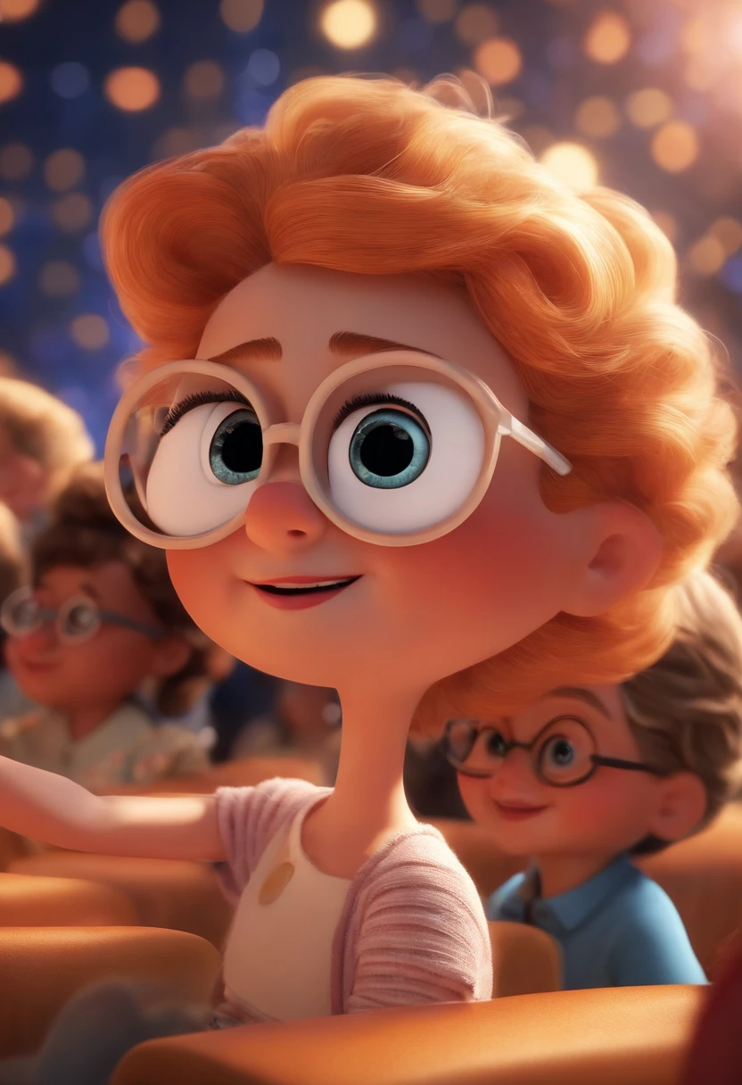 "(best quality,ultra-detalhado,Realistic:1.37),3D rendering,illustration,design de personagens,cabelos curtos e cacheados escuros,belos olhos detalhados,wearing white glasses,Estilo Pixar,morena mulher,Dancing on the Disney stage,atmosfera animada,vivid colors,luzes de palco,expression joyful"