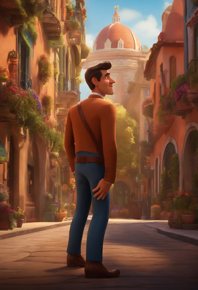 A city councilman looking at a dream project inspired by Pixar animation, de perto. The character takes center stage with captivating facial expressions, oferecendo um toque de irrealidade