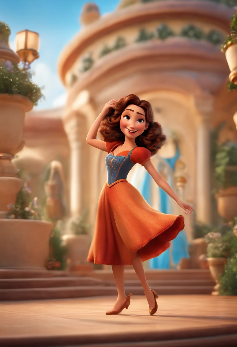 "(best quality,ultra-detalhado,Realistic:1.37),3D rendering,illustration,design de personagens,cabelos longos e lisos castanhos, belos olhos detalhados, um pouco puxado, Estilo Pixar,morena mulher,Dancing on the Disney stage,atmosfera animada, Making 40th Anniversary Vivid Colors,luzes de palco,expression joyful"