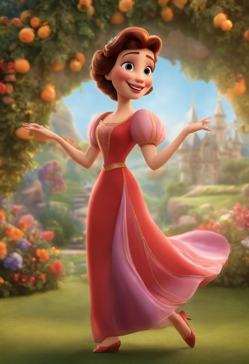 "(best quality,ultra-detalhado,Realistic:1.37),3D rendering,illustration,design de personagens,cabelos longos e lisos castanhos, belos olhos detalhados, um pouco puxado, Estilo Pixar,morena mulher,Dancing on the Disney stage,atmosfera animada, Making 40th Anniversary Vivid Colors,luzes de palco,expression joyful"