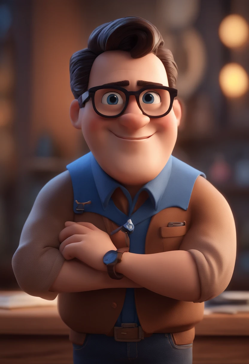 Cartoon character of a man with black glasses and a blue shirt, animation character, Caractere estilizado, animation style rendering, 3D estilizado, Arnold Maya render, 3 d render stylized, toon render keyshot, Personagem 3D, Personagem 3D, 3d rendering stylized, 3 d character render, personagem de desenho animado, Personagem de close up, Pose de personagem,  (Estilo Pixar) (master part:1.2) (Bokeh) (best quality) (pele detalhada) (textura detalhada) (8k) (argila) (Cinematic lighting) (foco nítido