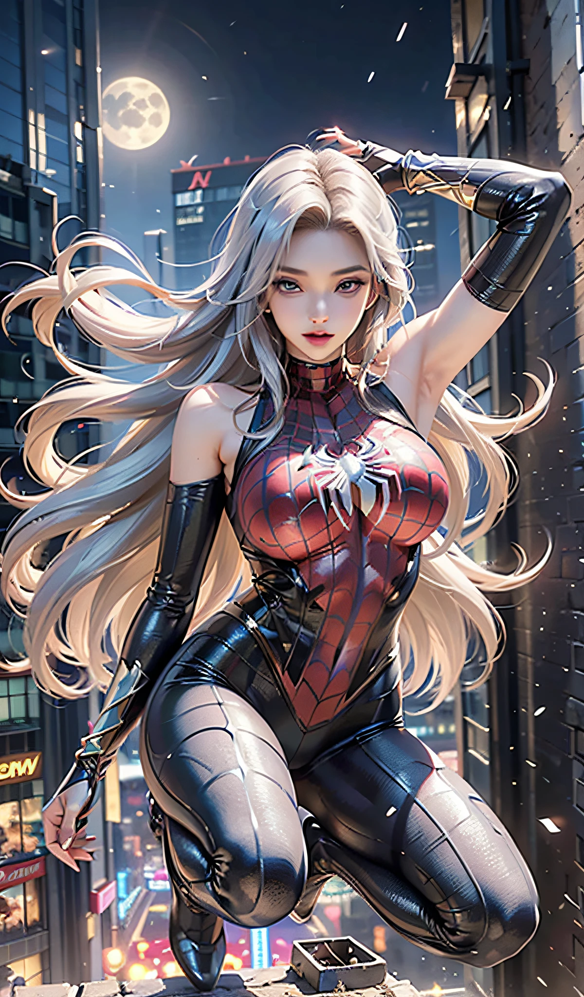 (masterpiece, 4K resolution, Super realistic, very detailed), (White Superhero Theme, charismatic, There&#39;s a girl on the street, wearing spiderman costume, she is a superhero), [ ((25 years), (long white hair:1.2), full body, (blue eyes:1.2), ((Spider-Man pose),show of strength, jump from one building to another), ((Sandy urban environment):0.8)| (cityscape, At night, dynamic light), (full moon))] # explanation: プロンプトでは主に超高解像度の4K絵画についてexplanationします, very realistic, very detailed. It depicts a superheroine at the top of the city., wearing spiderman costume. 絵のテーマはWhite Superhero Themeです, the female protagonist has long white hair, is 25 years old and her entire body is shown in the painting. In terms of depicting the activities of a superheroine,, spider is hired、camel toe、huge tit、Nipple Puffs、cleavage、Plump、Super big breasts、super big butt、spider thread、spider woman、Spider crest