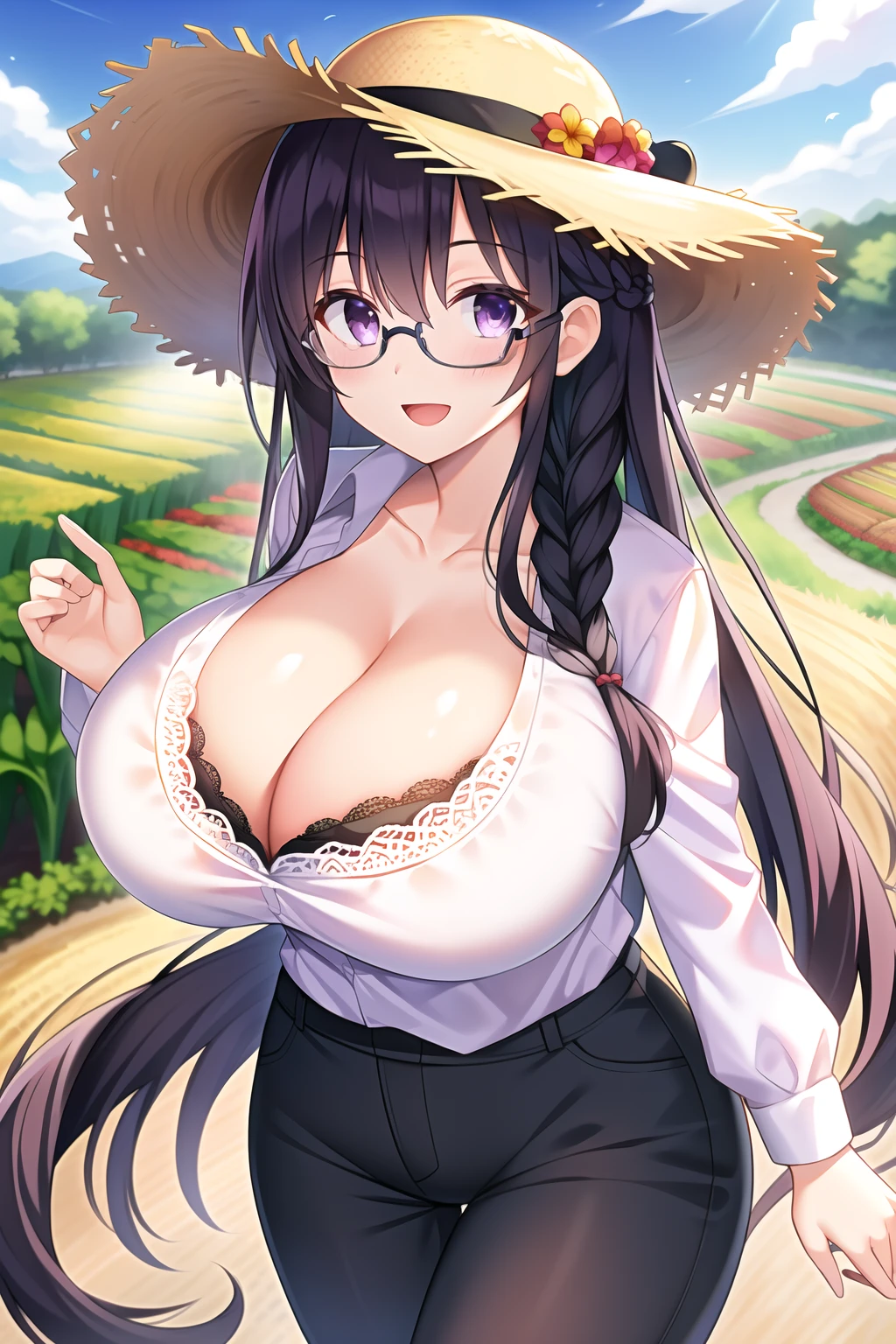 (tea plantation:1.1), (harvest), (1girl), (solo), (black hair:1.1), (braid:1.1), (glasses), (purple eyes), (:d), (huge breast), (Intricate Iris Details), (straw hat), (Work clothes), (Long sleeves), (long pants), (cowboy shot), (Cleavage)