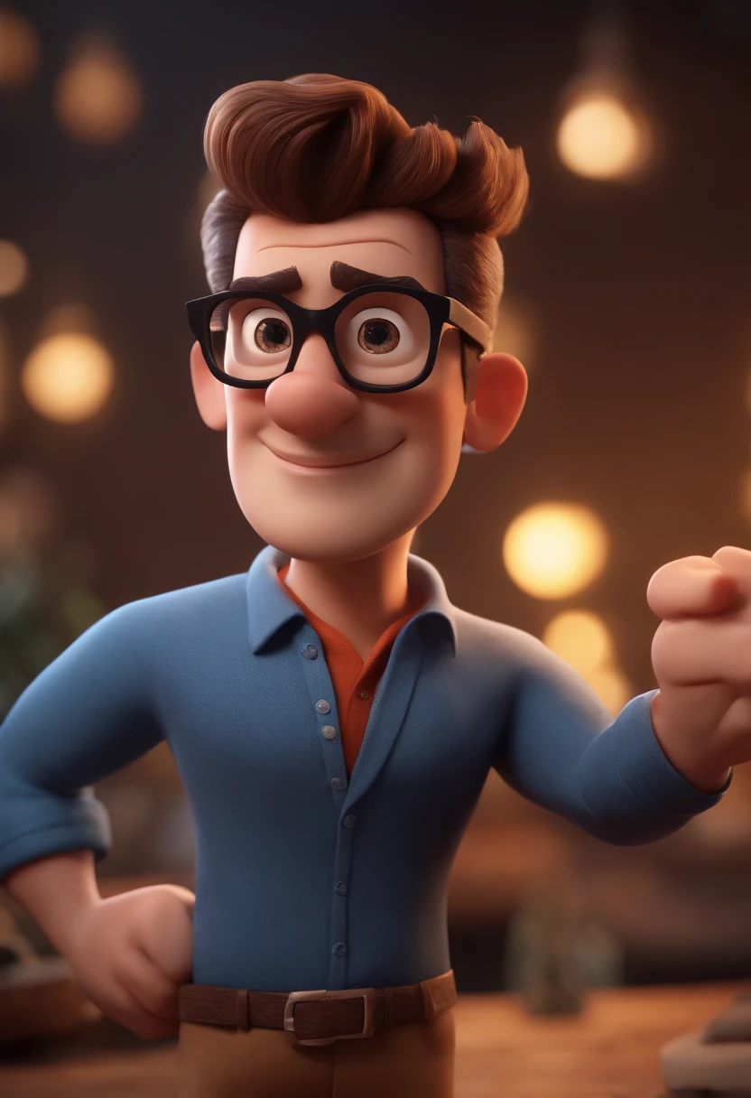 Cartoon character of a man with black glasses and a blue shirt, animation character, Caractere estilizado, animation style rendering, 3D estilizado, Arnold Maya render, 3 d render stylized, toon render keyshot, Personagem 3D, Personagem 3D, 3d rendering stylized, 3 d character render, personagem de desenho animado, Personagem de close up, Pose de personagem, (Estilo Pixar) (master part:1.2) (Bokeh) (best quality) (pele detalhada) (textura detalhada) (8k) (argila) (Cinematic lighting) (foco nítido