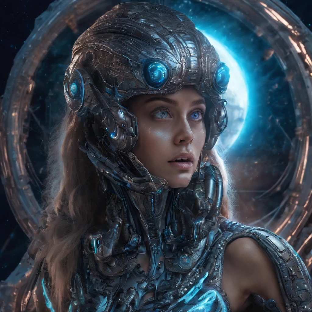 FantChar, Alien girl with beautiful big blue eyes in a sci-fi setting, glowing from within, moon light, luna, a closeup of a, Realistic, Highly detailed, Intricate