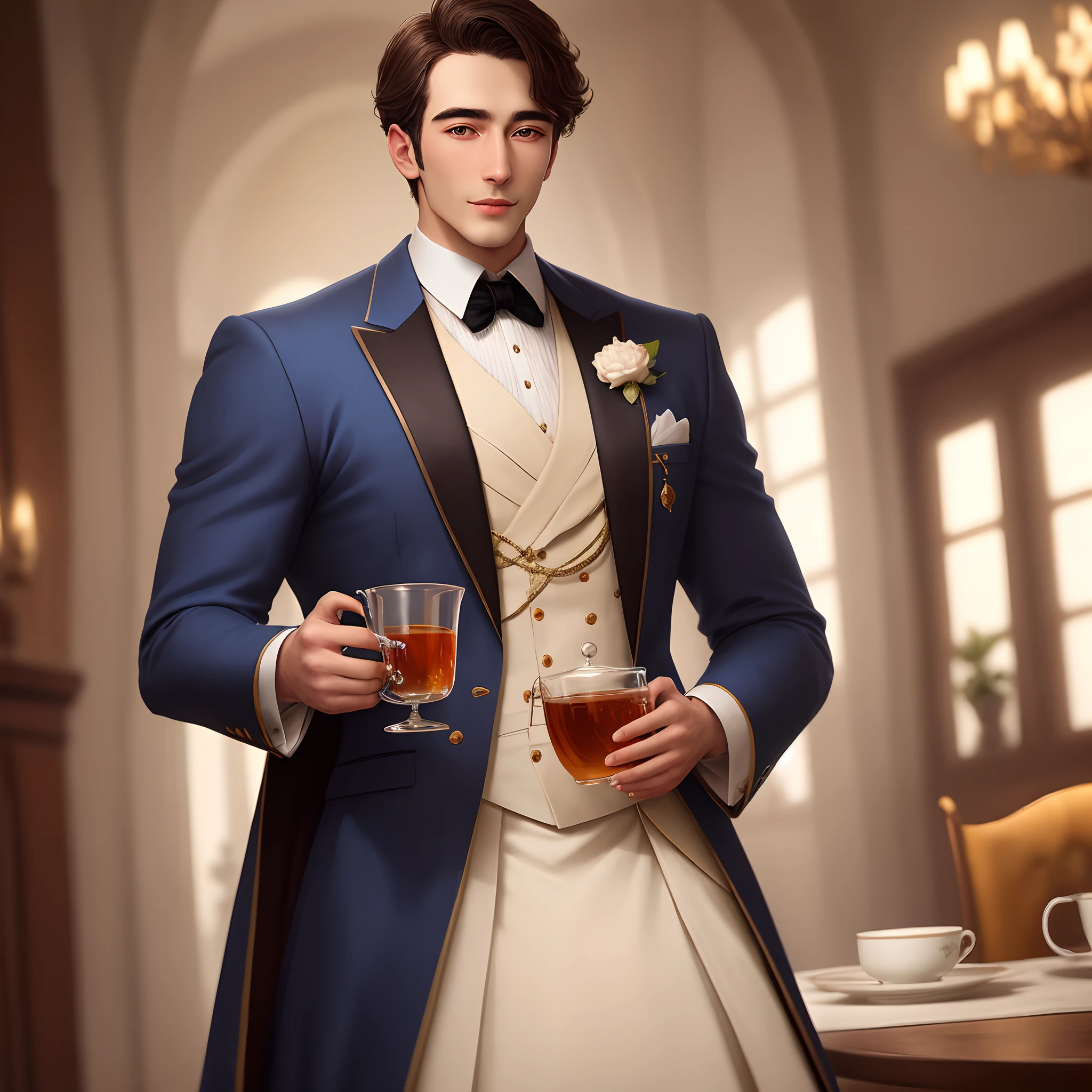 A fancy dresses man holding a white round cup of tea close to his chest