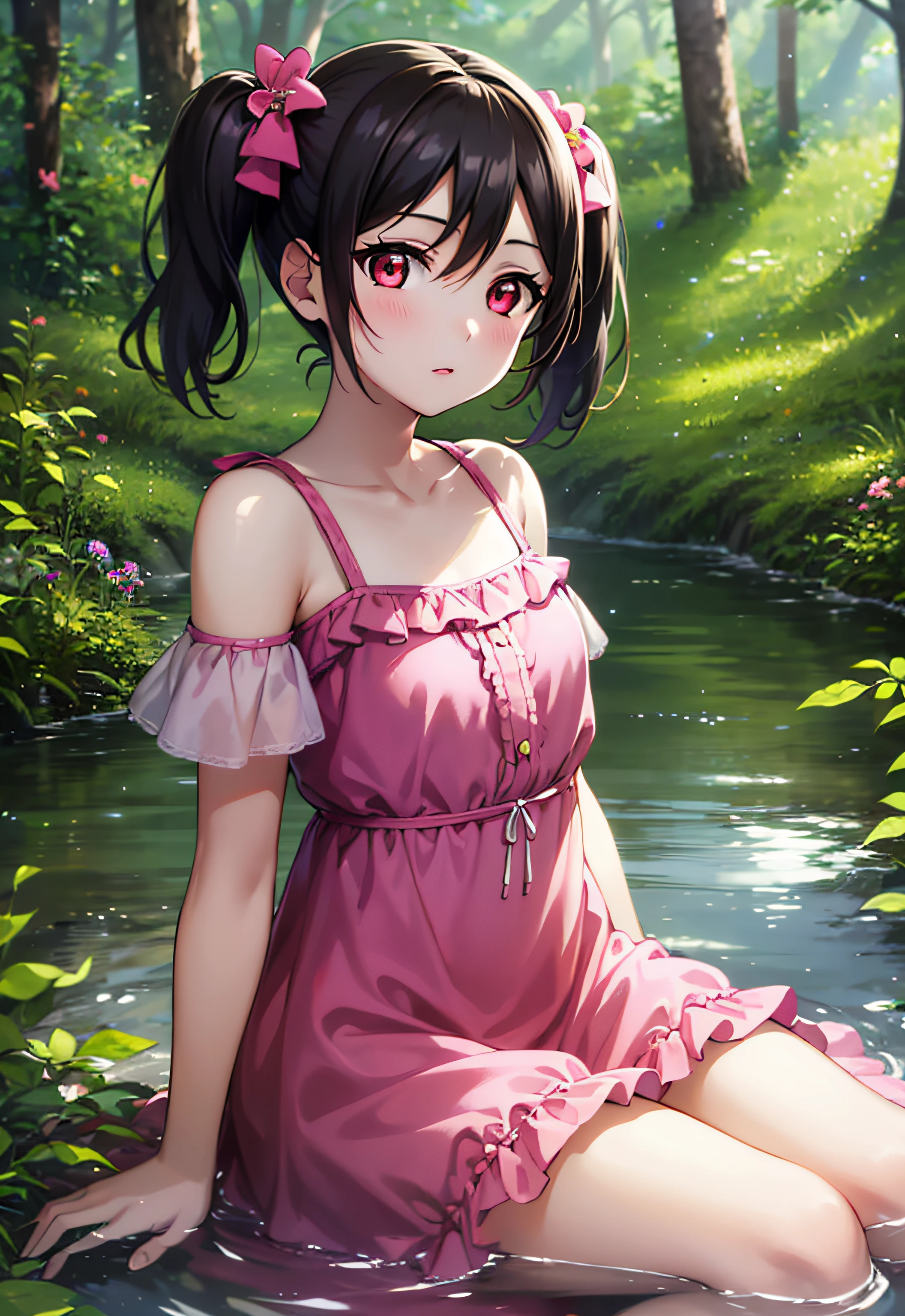 girl, solo, masterpiece, best quality, 8k, high resolution, sitting on the water, pink dress, pink sun dress, in the forest, , yazawa nico, twintails, short hair, black hair, red eyes, small breast, highly detailed face, highly detailed eyes, highly detailed background, perfect