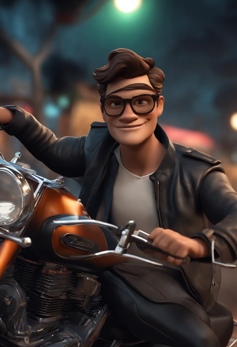 a 3D Disney Pixar style poster of a man with glasses, com jaqueta de couro, colete de motociclista, black pant, pilotando uma Suzuki bullevar em um passeio de motocicleta,