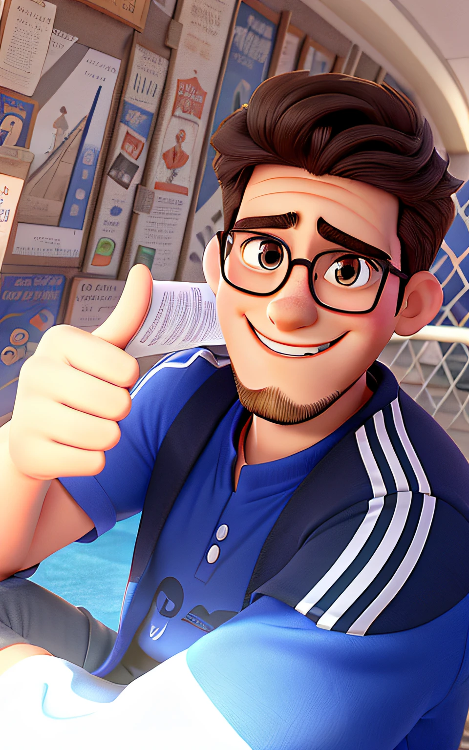 poster of a handsome, smiling boy, with a short beard, thin round glasses, in a football stadium, disney-pixar cartoon style
