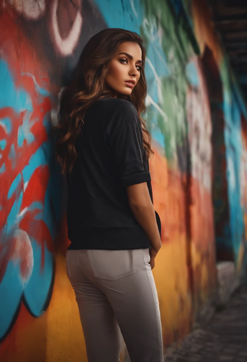 (best quality), masterpiece, extremely detailed CG uniform 8K illustration, high color, extremely high color saturation, all colors deepened, paint, graffiti art, center composition, extremely detailed light and shadow, graffiti wall, wall painted bright, 1 girl graffiti 1 girl looking at the wall, extremely detailed face and eyes, medium length hair, sportswear, colored clouds
