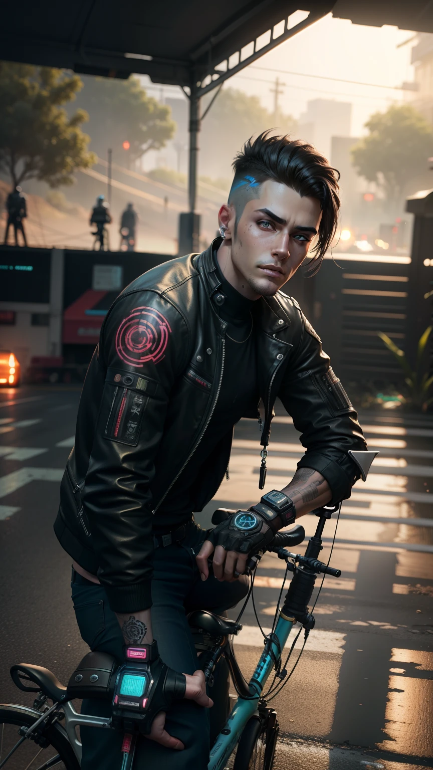 Change Background, cyberpunk, handsome boy, bike, realistic face, 8k, ultra realistic, 3D