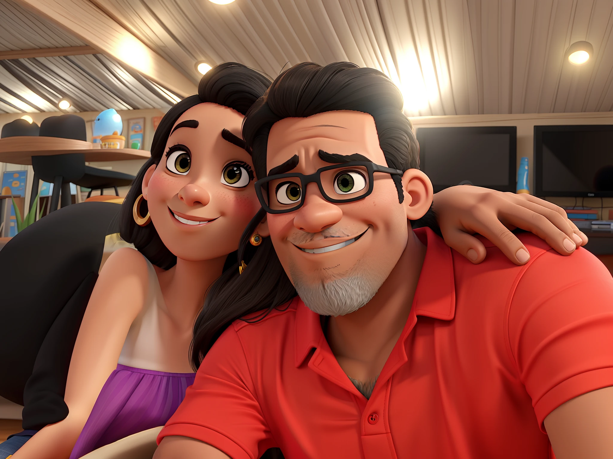 Casal estilo disney pixar melhor qualidade alta qualidade. Homem moreno gordo com cabelo crespo  barba e mulher com cabelos cacheado