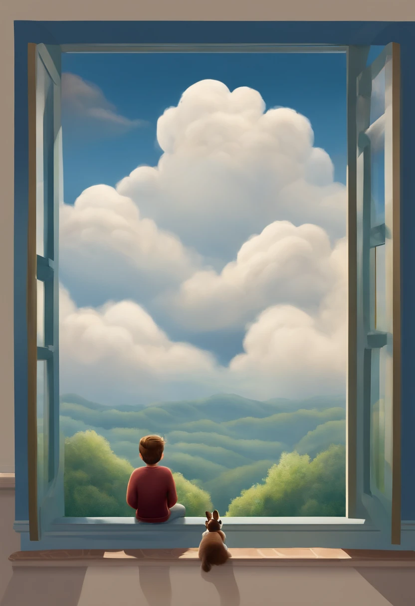 disney pixar poster, there are two people that are looking out over the clouds, in clouds, cloudy day, on clouds, cloudy weather, with fog, in mountains, scenary, covered in clouds, in the clouds, cloudy air, in a cloud, beautiful cloudy atmosphere, on a cloudy day, cloudy and mystical, chill time. good view, upon the clouds, beautful view