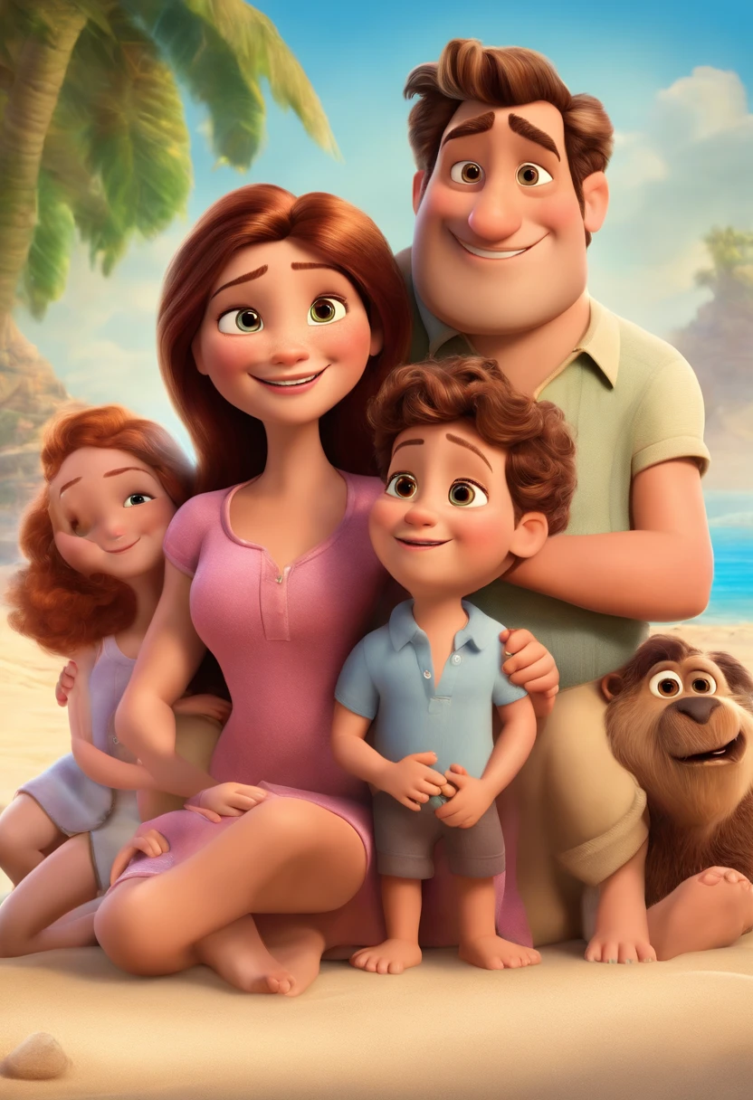 a Disney Pixar movie poster showing a white-skinned family. The father is the tallest, Tem barba curta, loiro, cabelos curtos e espinhosos. The mother has brown eyes and hair, shoulder-length and is slightly overweight. A menina tem 4 anos e cabelos castanhos, roupa rosa e rabos de cavalo. The background is a beach garden. 3D-rendering