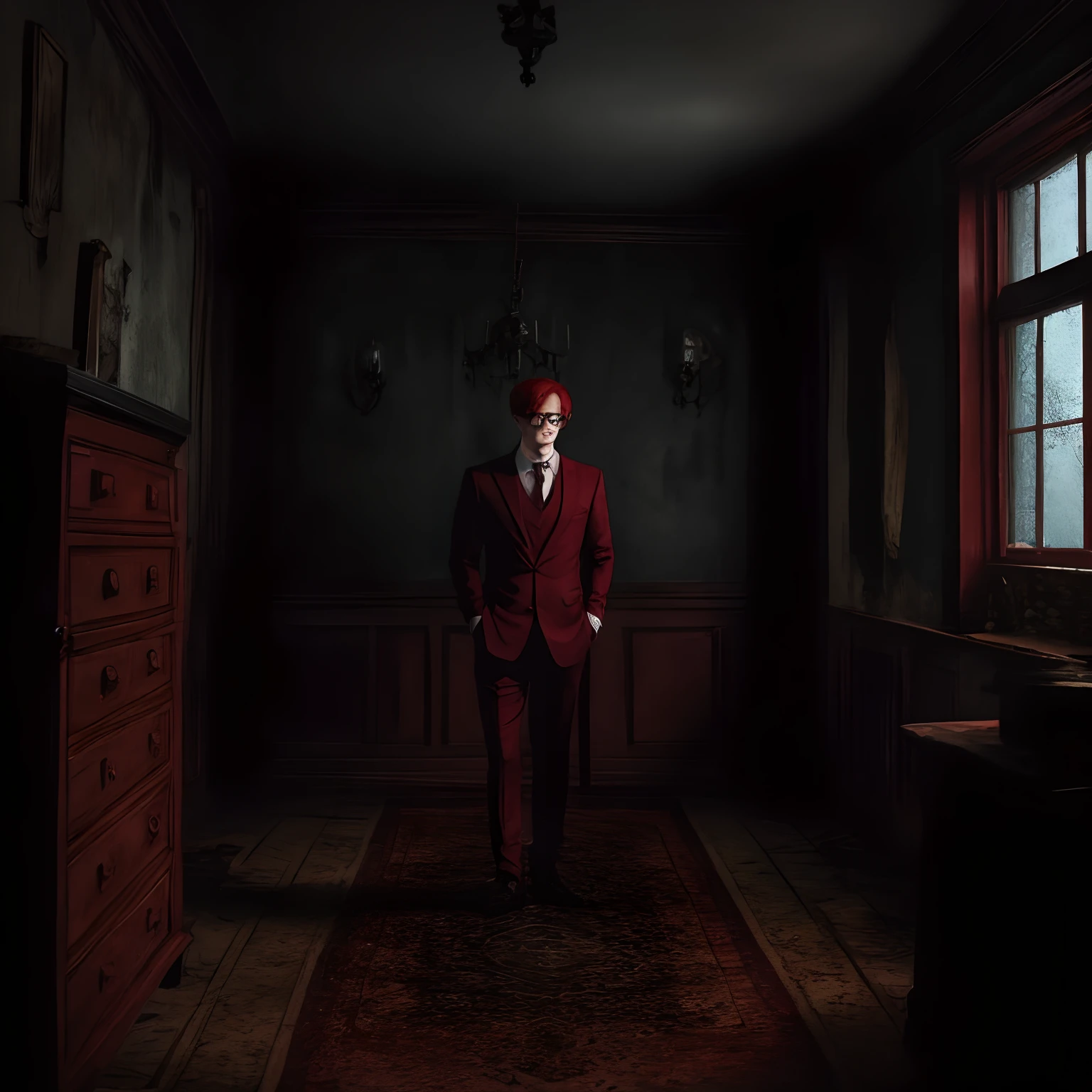 Red-haired man with round glasses and freckles exploring an old horror-themed Lovecraftian mansion