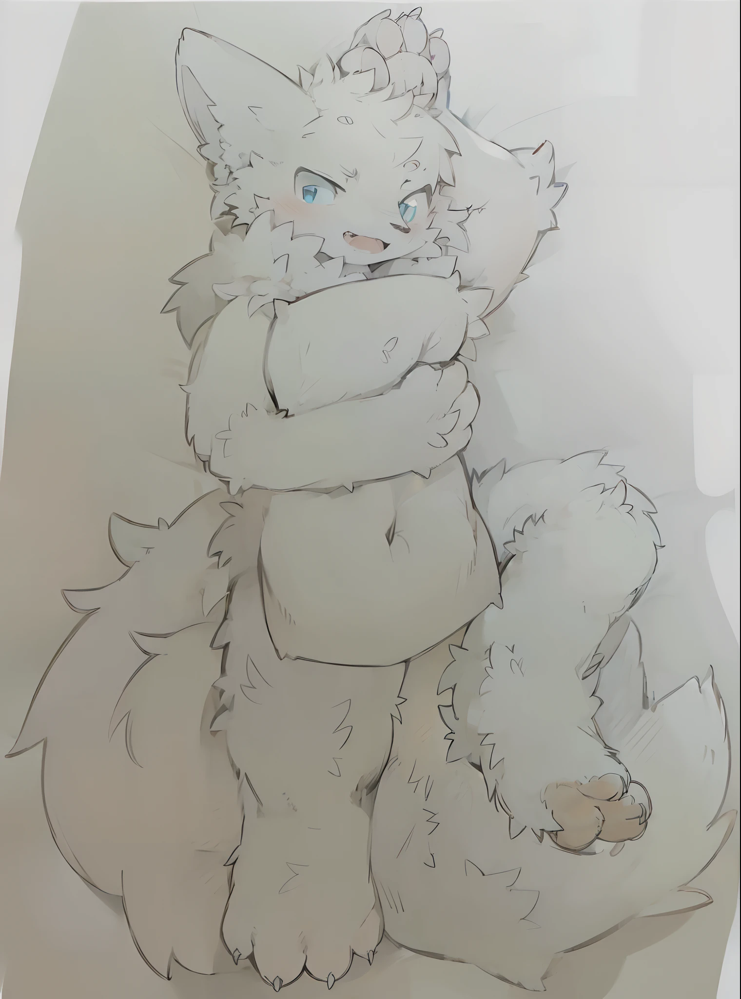 (ambiente dark:0.8),Masterpiece,High quality,abstract res,Digital painting\(artwork of a\), by Dagasi, Yupa,Kiyosan,(anthro,Fluffy fur,Character focus:1.1),anthro male wolf,Short hair, , eyes with brightness, in a panoramic view, Character focus.(detailedbackground:0.7), 独奏, shaggy, shaggy male, malefocus, anthr,(Full Body Furry, Fluffy tail,There are pink meat pads on the feet,White wolf ears, It has white fur all over its body, blue color eyes, White color hair,White Wolf Tail), (long canines,Holding a pillow)