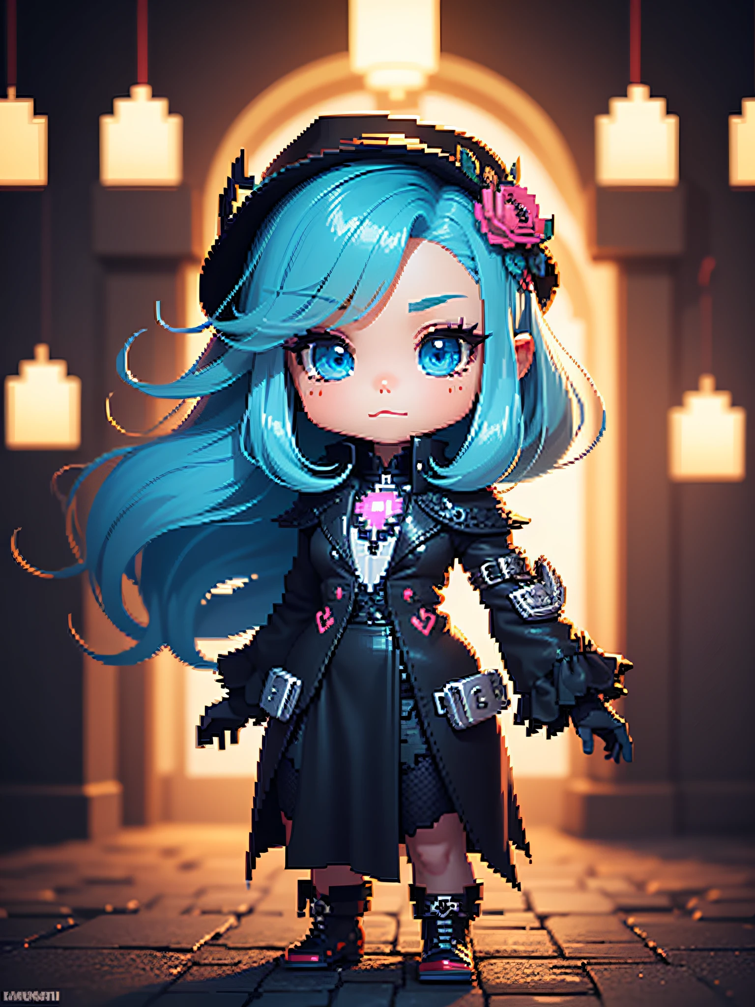 Chibi necromancer character dressed in black pixel art, beautiful detailed pixel art, hyper detailed pixel art, conceptual pixel art, high quality pixel art, high quality pixel art, high quality pixel art, high quality pixel art, dynamic lighting, colorful, high contrast colors, Pixel art style, Pixel art:3, 4k, beautiful