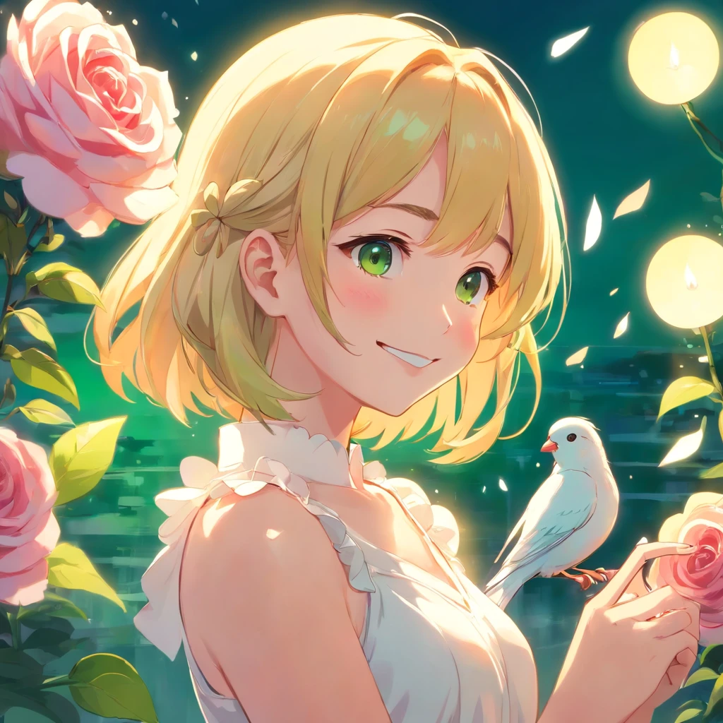 Girl is smiling a love bird on her finger bird is green.the girl has blond hair and white dress.she is a ager with pink cheeks.lots of roses are around them.dreamy.lights.