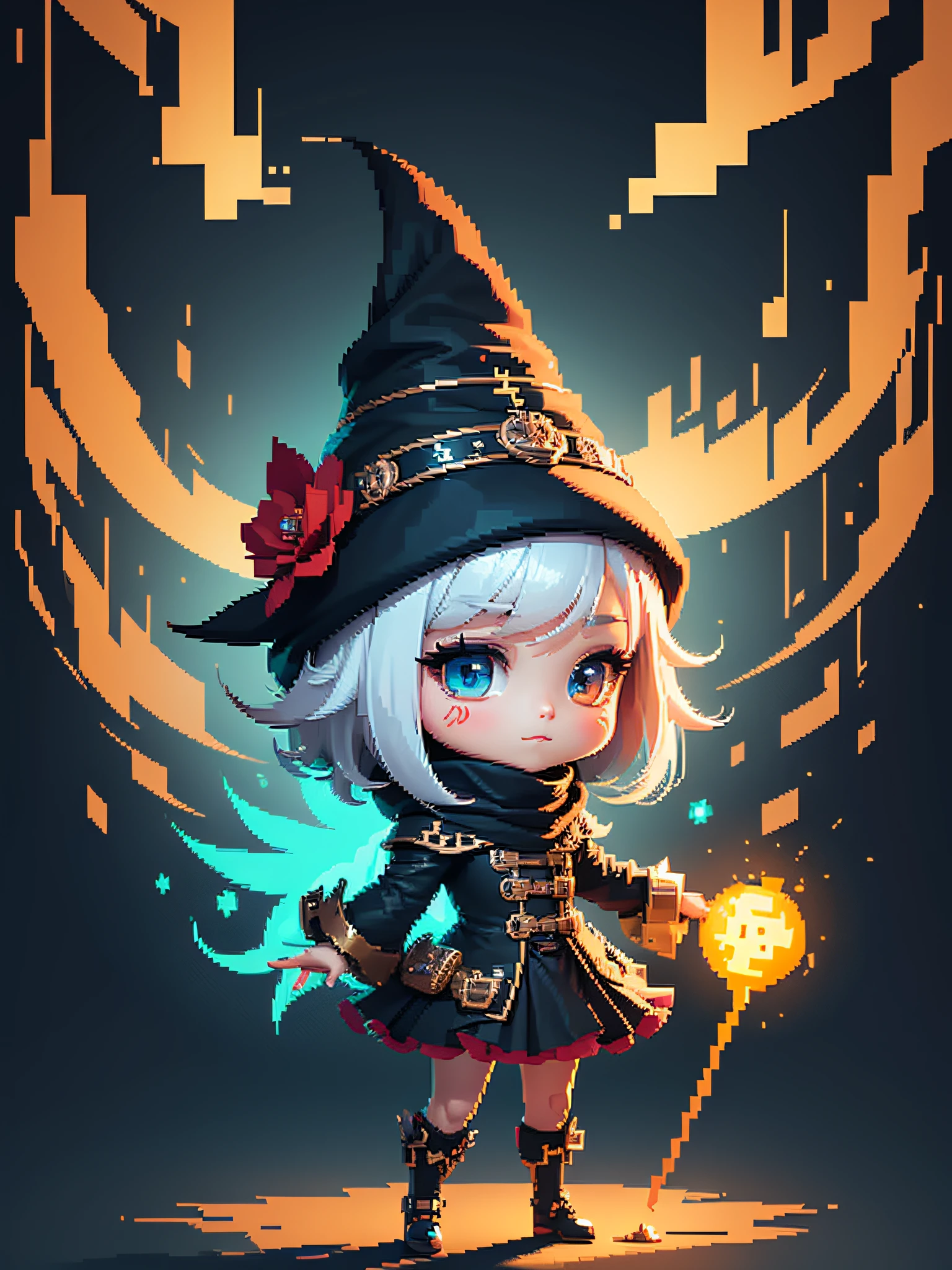 Chibi necromancer character dressed in black pixel art, beautiful detailed pixel art, hyper detailed pixel art, conceptual pixel art, high quality pixel art, high quality pixel art, high quality pixel art, high quality pixel art, dynamic lighting, colorful, high contrast colors, Pixel art style, Pixel art:3, 4k, beautiful
