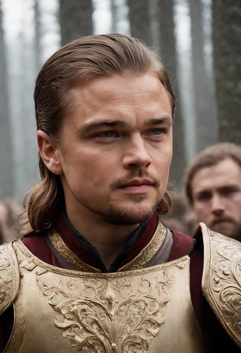 Young Leonardo DiCaprio, with natural withe hair and a bright with and gold targaryen armor, medieval game of Thrones style, ultra realistic, high definition, focus,