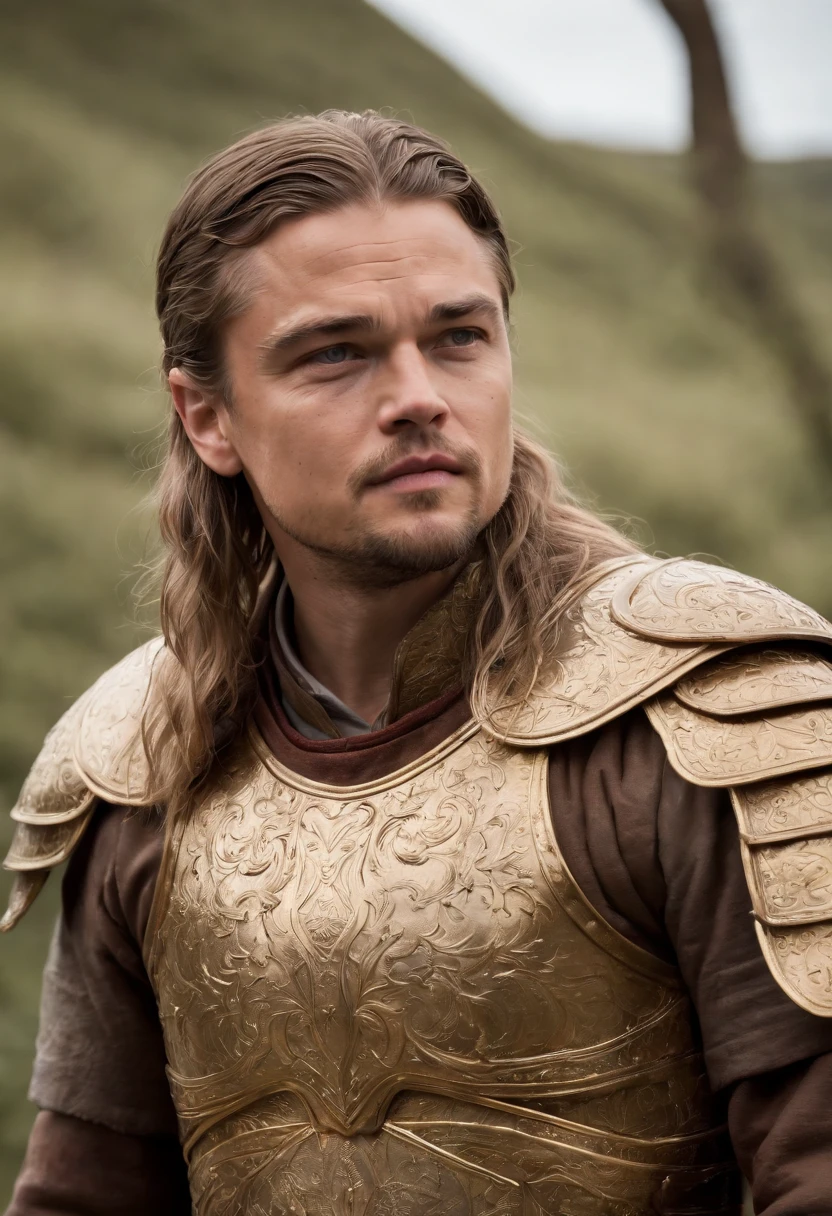 Young Leonardo DiCaprio, with natural withe hair and a bright with and gold targaryen armor, medieval game of Thrones style, ultra realistic, high definition, focus,