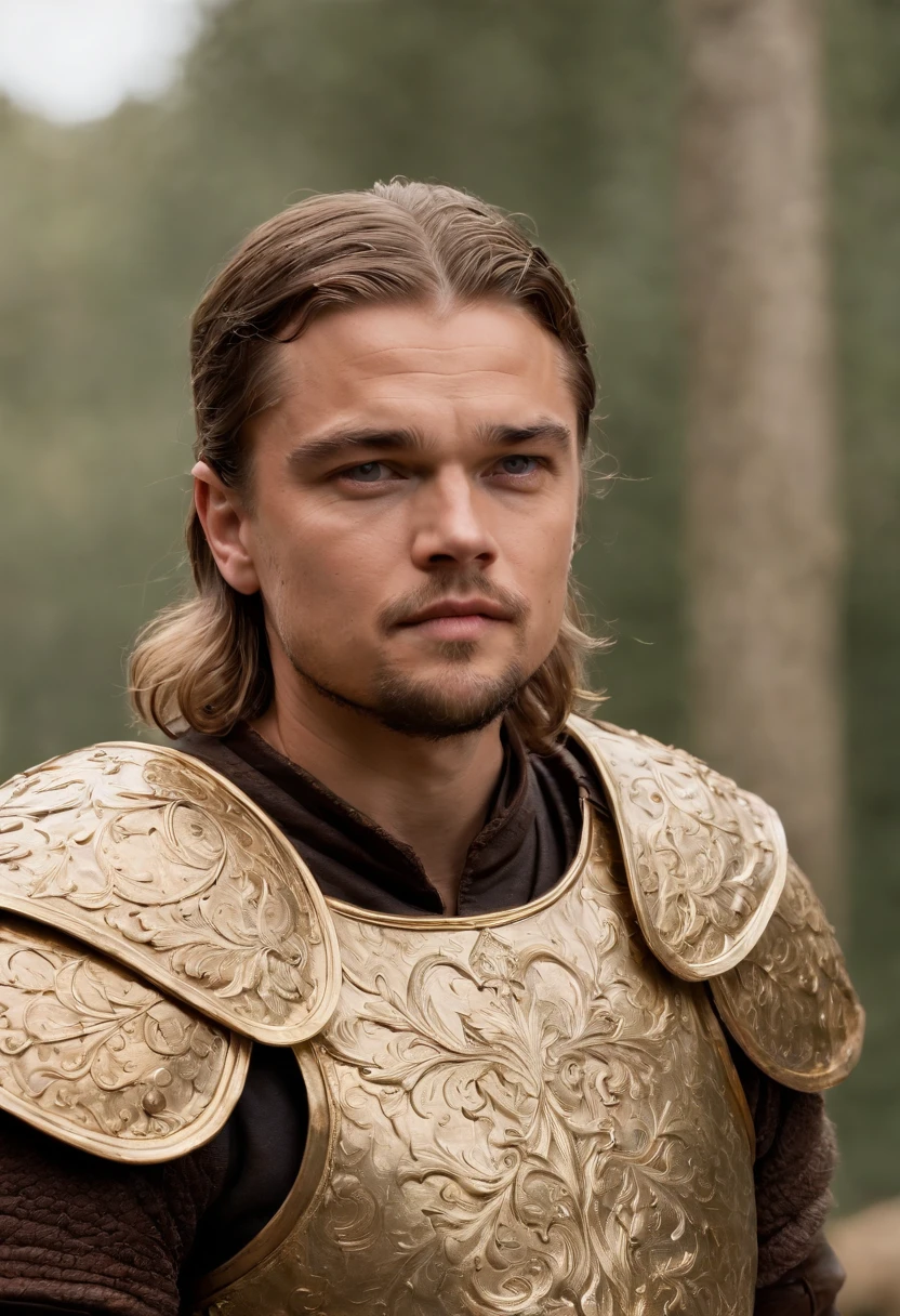 Young Leonardo DiCaprio, with natural withe hair and a bright with and gold targaryen armor, medieval game of Thrones style, ultra realistic, high definition, focus,