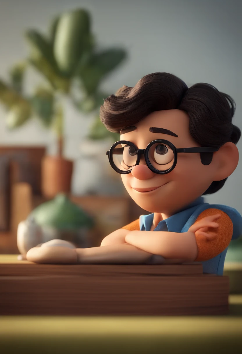 Cartoon character of a man wearing black glasses and a blue shirt, um personagem animado, Caractere estilizado, animation style rendering, 3D estilizado, Arnold Maya render, 3 d render stylized, toon render keyshot, Personagem 3D, Personagem 3D, 3d rendering stylized, 3 d character render, personagem de desenho animado, Personagem de close up, Pose de personagem, (Estilo Pixar) (master part:1.2) (Bokeh) (best quality) (pele detalhada) (textura detalhada) (8k) (argila) (Cinematic lighting) (foco nítido,Senta e vaza a parte superior do corpo
