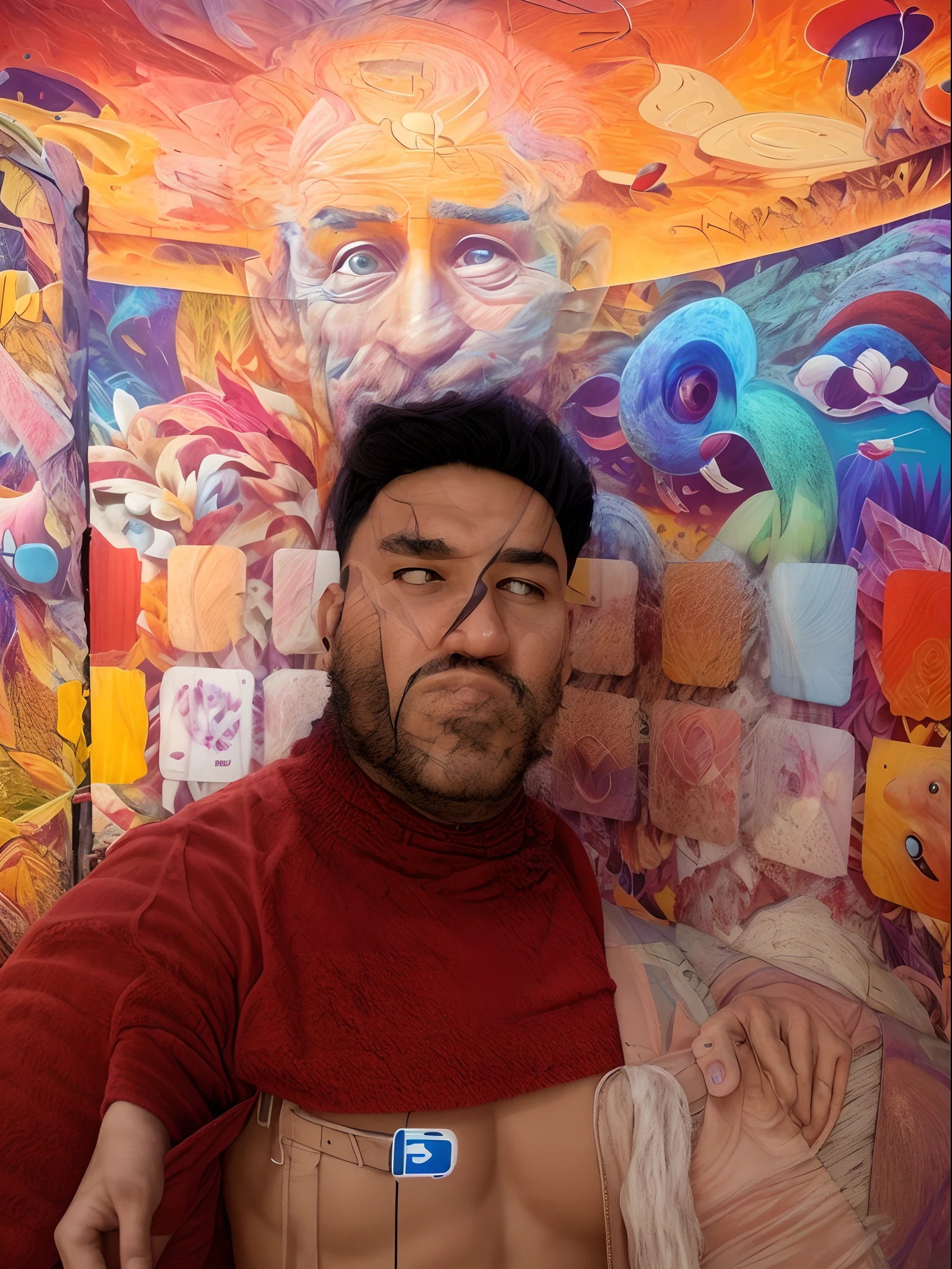 There's a man taking a selfie in front of a colorful wall, Arte em primeiro plano : Eloy Morales, Okuda Sam Miguel, Directed by: Nandor Soldier, facebook post, Imagem colorida, Postagem no Reddit, Artista Disney, Album art, random artist, Fotografia tirada em 2 0 2 0, david rios ferreira, Directed by: Mario Cooper, na galeria