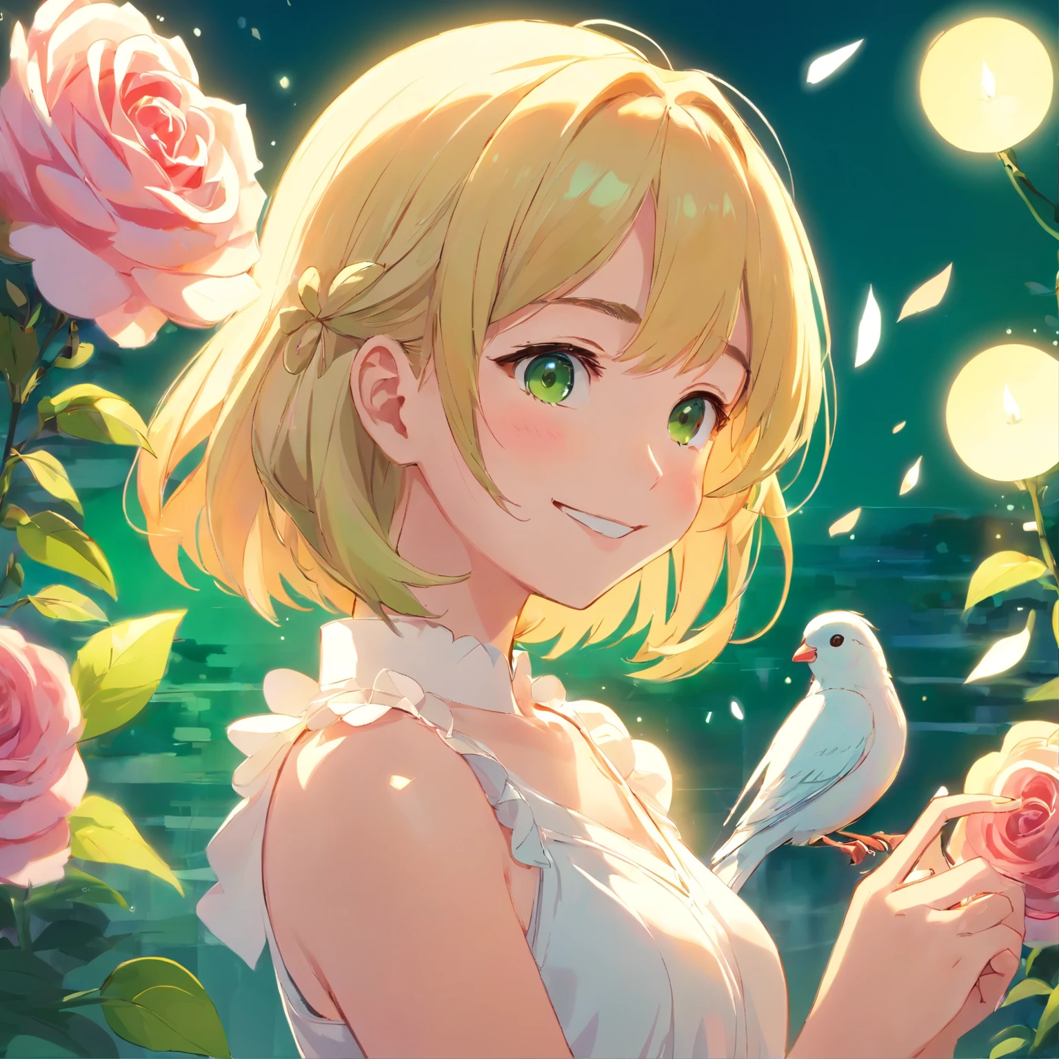 Girl is smiling a love bird on her finger bird is green.the girl has blond hair and white dress.she is a ager with pink cheeks.lots of roses are around them.dreamy.lights.