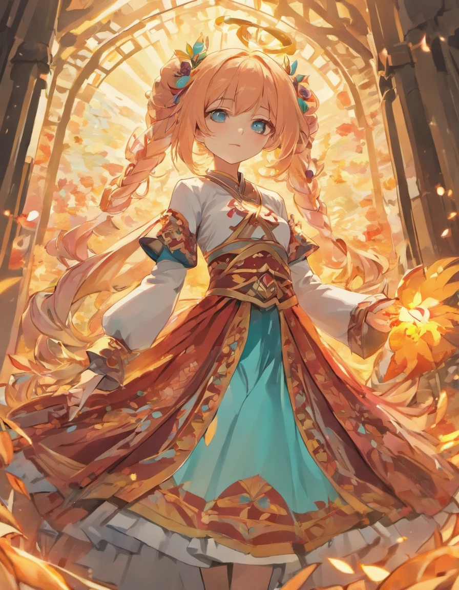 Costume planning theme: autumn and winter deciduous harem garden,Style: Harem concubine, Old money style, Refer to the brand national style Hanfu color: Peach,Turquoise eyes, pink details: Natural light,A two-dimensional woman with long hair fluttering,There are fallen leaves,The sleeves are wide and at the cuffs、The placket or hem is embellished with contrasting edges,The skirt turned into a pleated skirt,Long trail on the ground , Cotton, Silk, A long skirt with the pattern, Full body front design