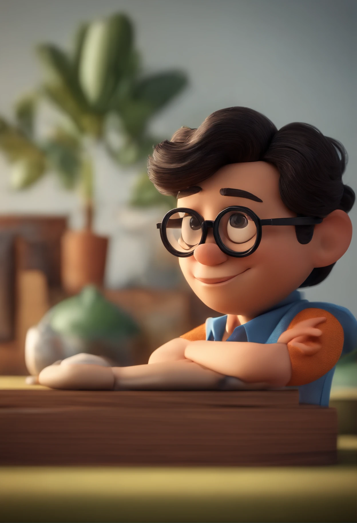 Cartoon character of a man wearing black glasses and a blue shirt, um personagem animado, Caractere estilizado, animation style rendering, 3D estilizado, Arnold Maya render, 3 d render stylized, toon render keyshot, Personagem 3D, Personagem 3D, 3d rendering stylized, 3 d character render, personagem de desenho animado, Personagem de close up, Pose de personagem, (Estilo Pixar) (master part:1.2) (Bokeh) (best quality) (pele detalhada) (textura detalhada) (8k) (argila) (Cinematic lighting) (foco nítido，Senta e vaza a parte superior do corpo