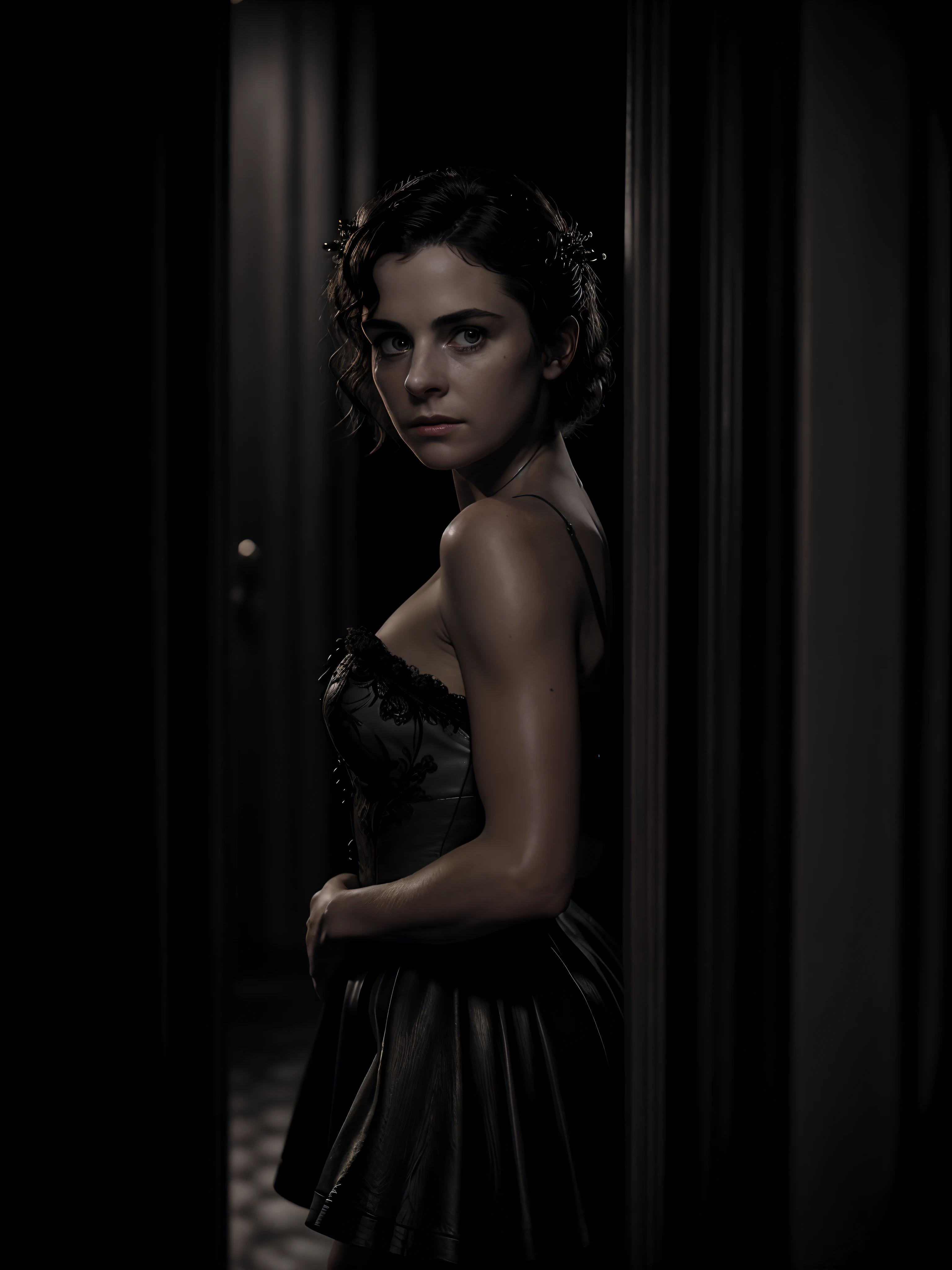 Realistic, photorealistic, RAW photo, ultra detailed, cinematic lighting, (pre-focused), (Darkness: 1.6), the night is dark and full of horrors, cute woman, standing in doorway, she leaves but turns around to say goodbye, most detailed cute face, cute sexy look, short black hair, short black skirt, spot lighting, deep shadow, low key, low angle, masterpiece, Cinematic composition, aesthetic of classic dramatic movie, Centered image.