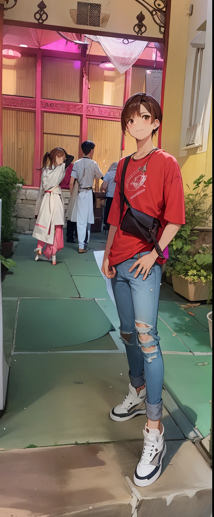1 boy, sonu, atelier, alchemist, t shirt,pants, over knee boots, bag