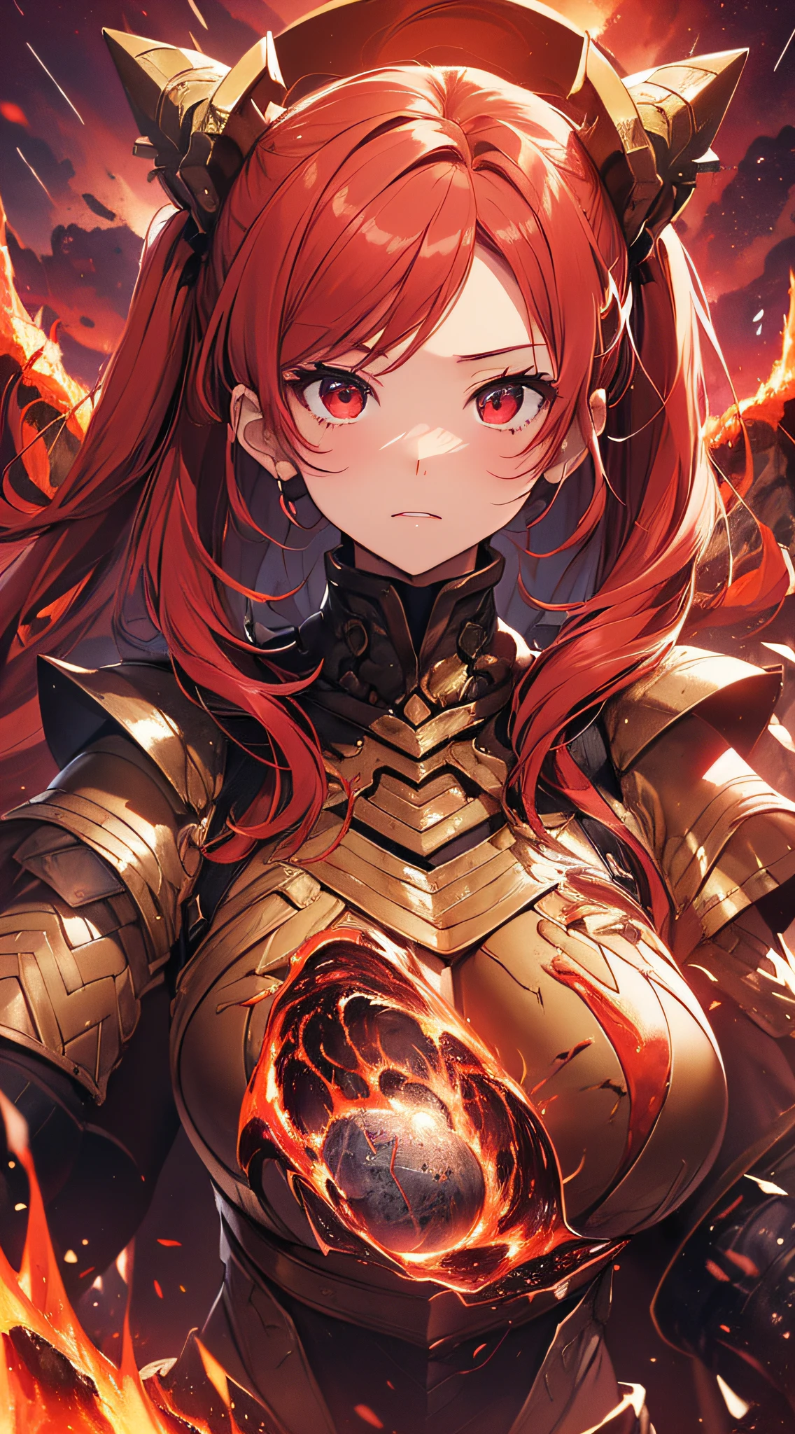 top-quality、Top image quality、​masterpiece、girl with((20yr old、Best Bust、big bast、Bust 85,Red eyes、Breasts wide open,Glowing red hair long twin tails、A slender、Large valleys、Red Lava Armor,Reflecting the whole body、Glowing red greatsword)）、hiquality、Beautiful Art、Background with((Red sky、lava、the magma、Erupted volcanoes、Meteorites falling from the sky、Meteor))、masutepiece、visualart、depth of fields、