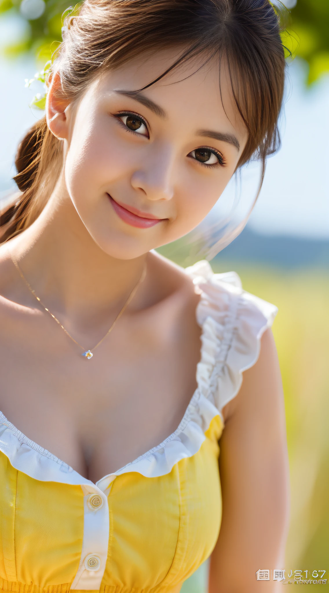Look here and smile、(daydream), 1girl in, Solo Images, , (Quite a young face ), Focus chest, , (Yellow summer clothes), (Highly realistic detail face in 8k HD:1.5 (Soft Scene, ), Detailed beautiful reflexed pupils, masutepiece:1.3, 超A high resolution:1.2, Dynamic lighting)