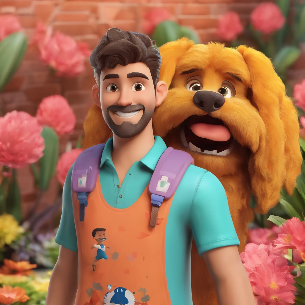Lucas is a smiling 29-year-old human boy, com seu fiel amigo, Bolt, o cachorro schnauzer, deitados no jardim